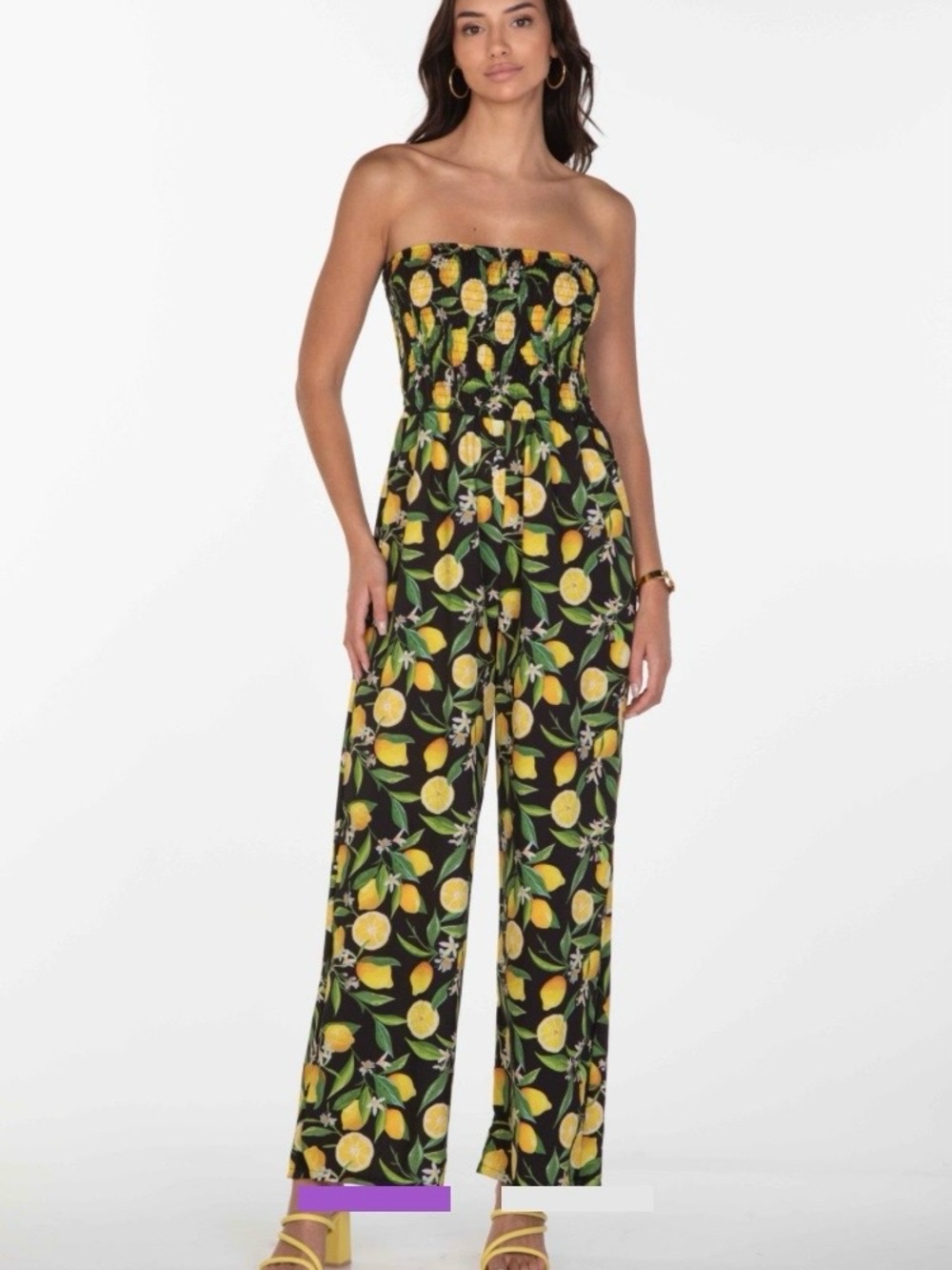 Mlle Gabrielle Black Strapless Lemon-Print Wide Leg Jumpsuit MEDIUM